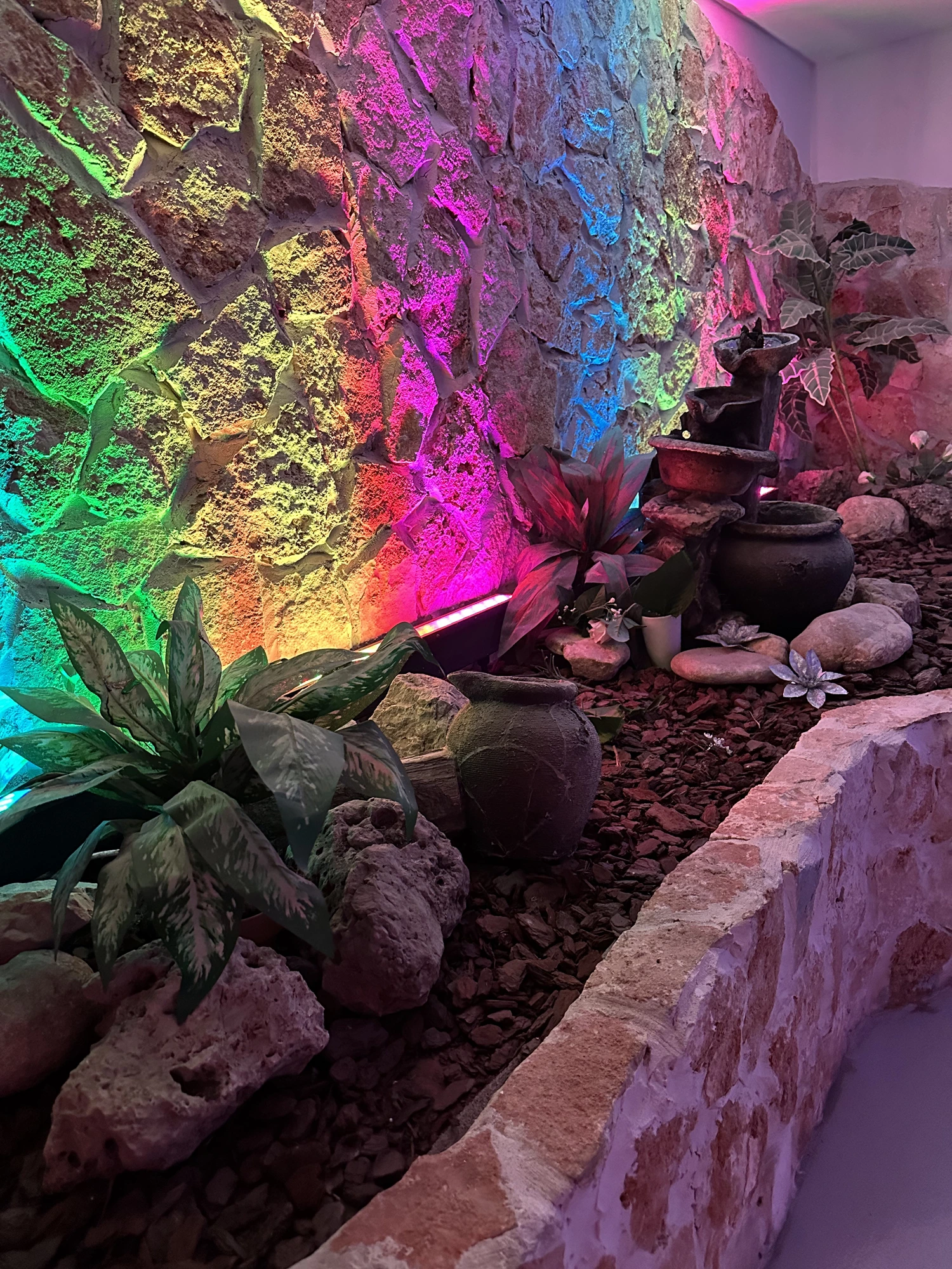 La parete in pietra del Club illuminata da luci colorate